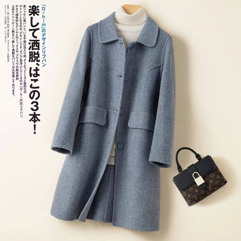 双面羊毛大衣女中长款娃娃领修身直筒百搭赫本风毛呢子外套无羊绒