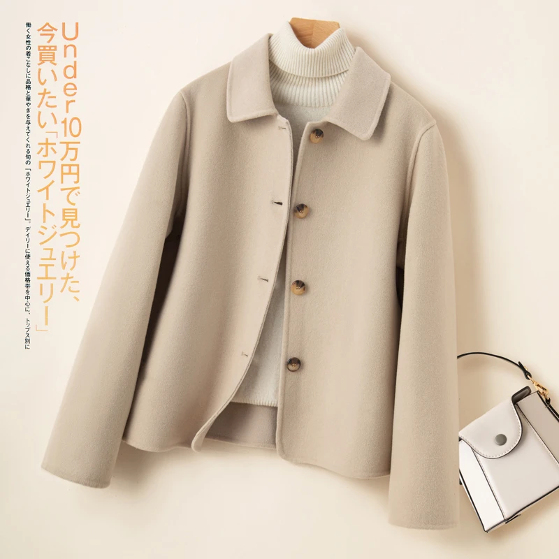 秋冬新款双面羊毛大衣女娃娃领短款小个子宽松百搭毛呢外套无羊绒