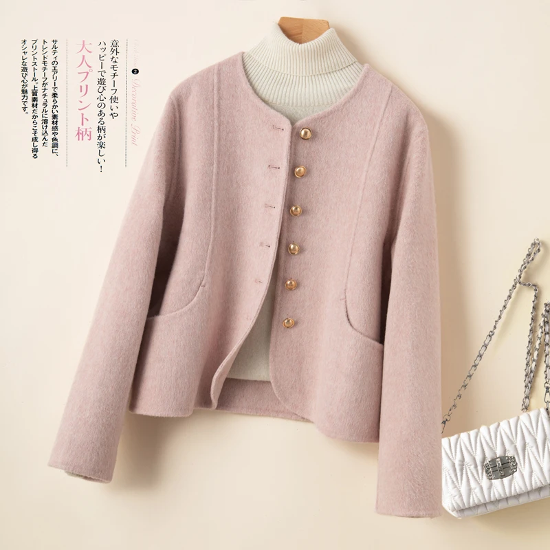 法式小香风新款双面羊毛大衣女圆领宽松短款小个子百搭羊毛呢外套