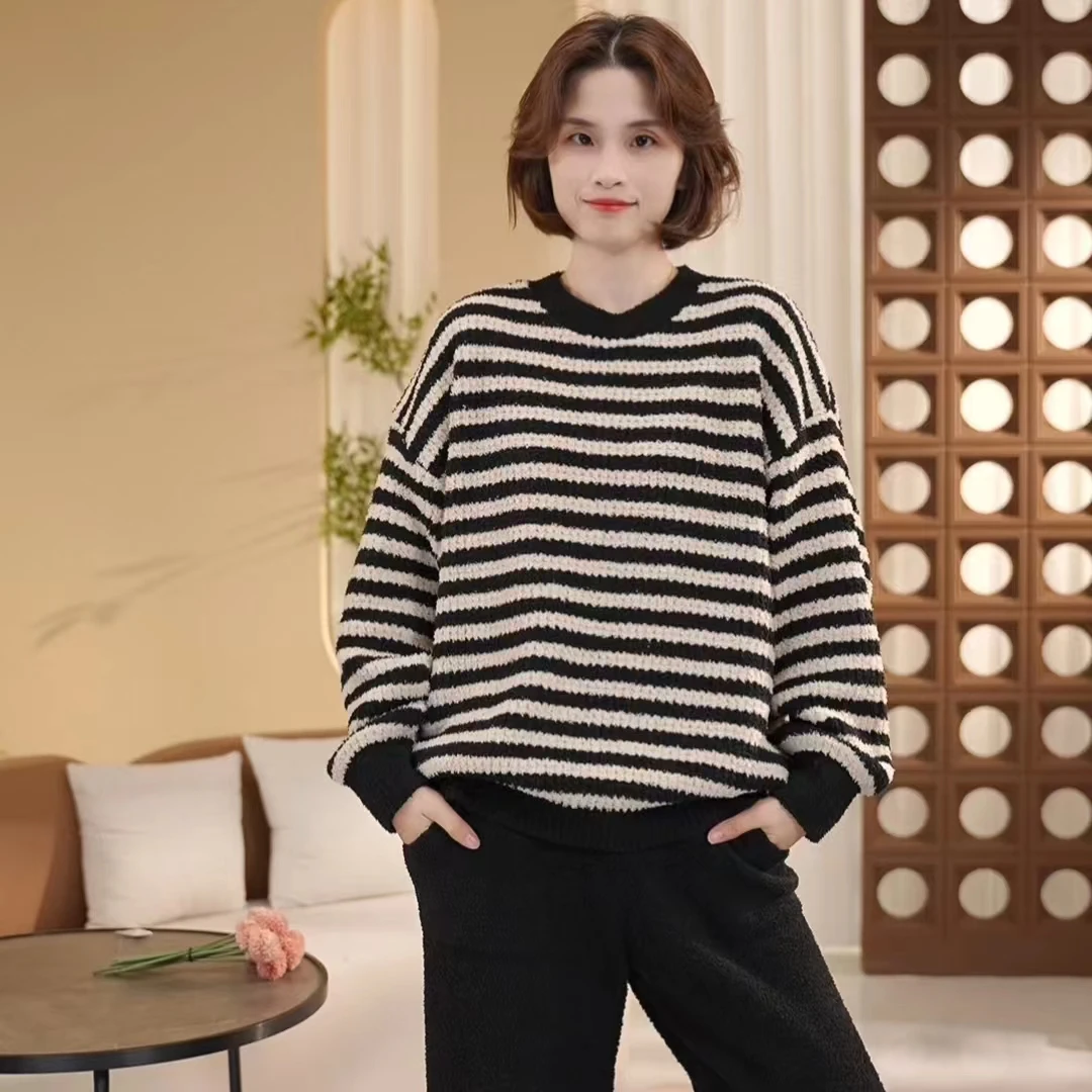 【经典条纹】睡衣半边绒套装保暖软绵绵可外穿