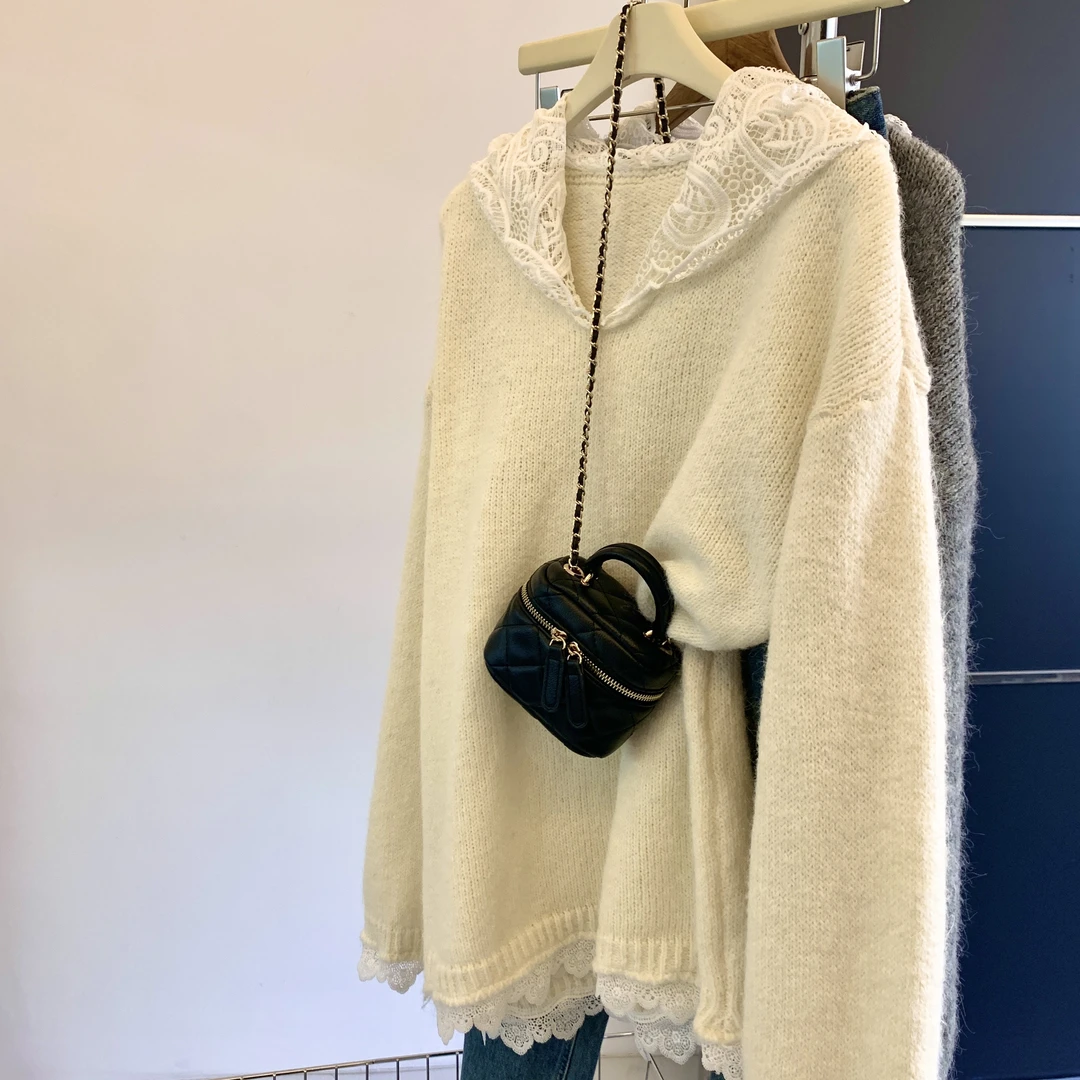 冷淡系蕾丝拼接连帽针织衫2024秋冬季新品高级御姐独特超好看毛衣