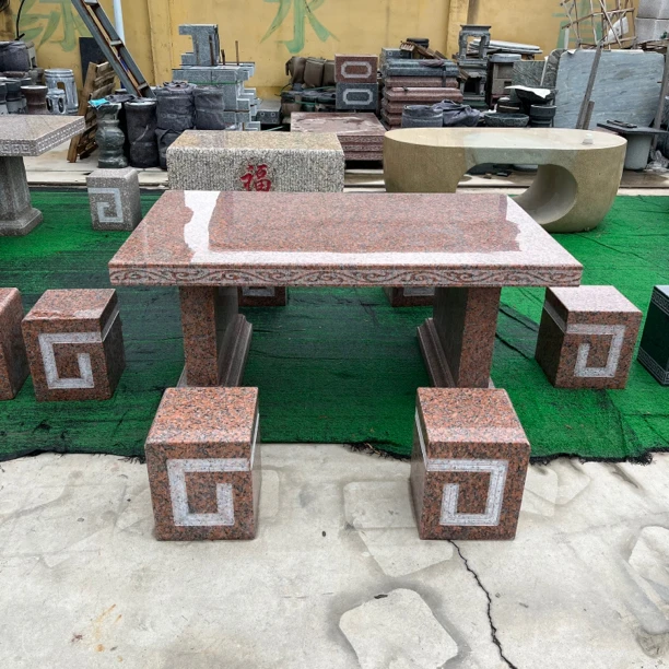 石桌石凳庭院摆件枫叶红花岗岩材质庭院装饰摆件