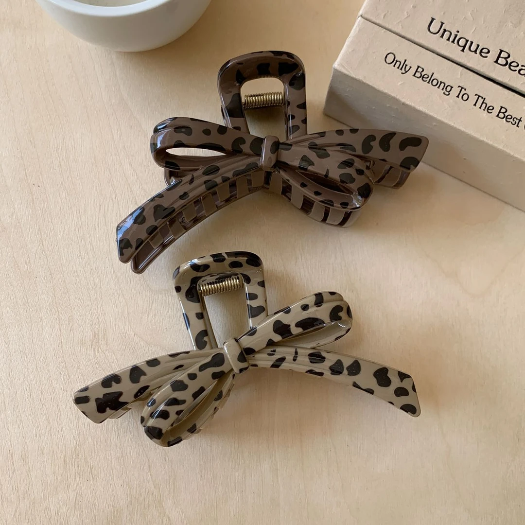 咖色系豹纹蝴蝶结抓夹复古交叉鲨鱼夹后脑勺盘发夹高级感发爪发饰