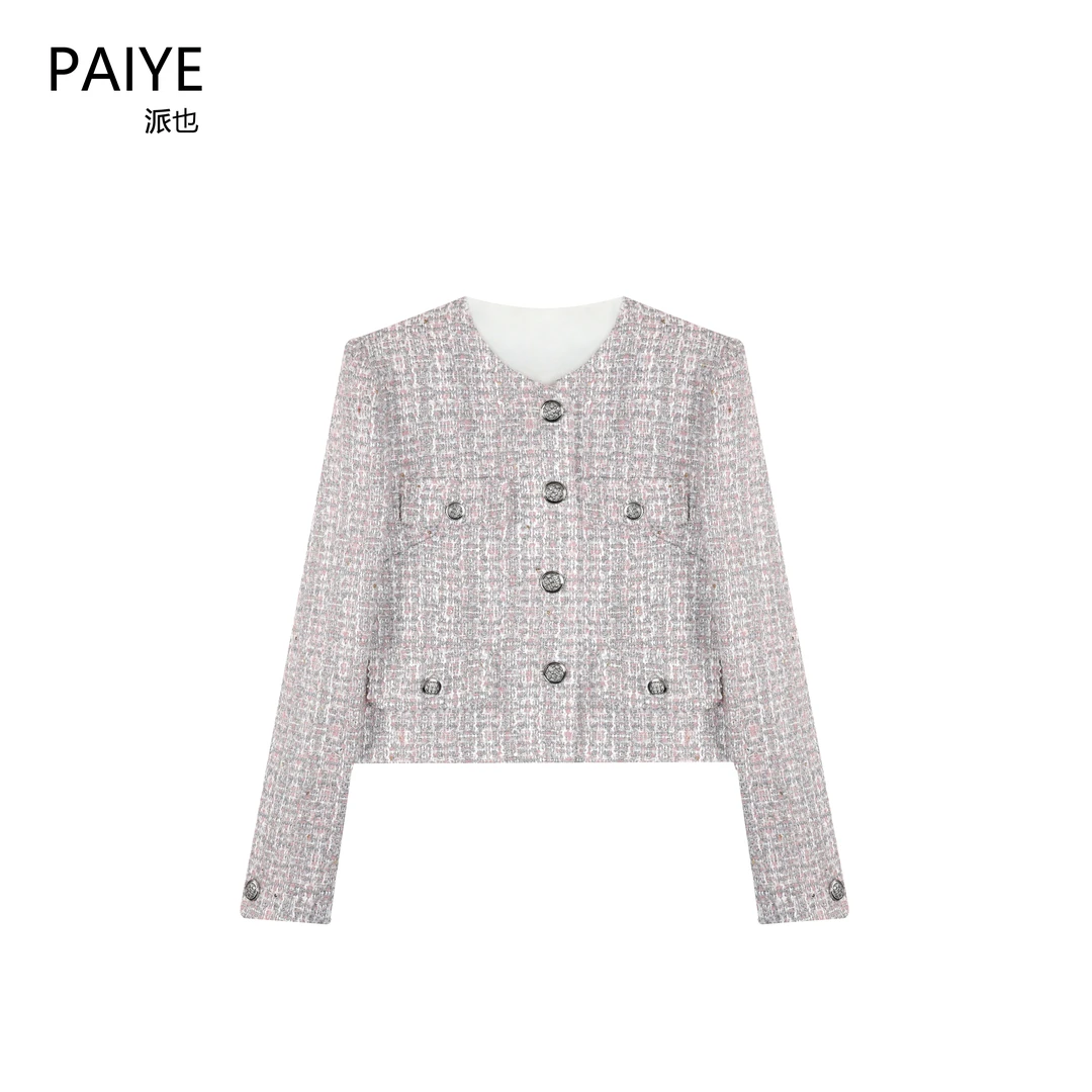 千鸟格气质小香风短外套女2023秋新款高级感V领西装上衣A71786