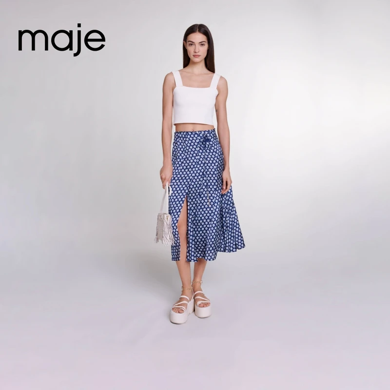 【搭搭专属】Maje春秋女装时尚开叉碎花长款蓝色半身裙MFPJU01264