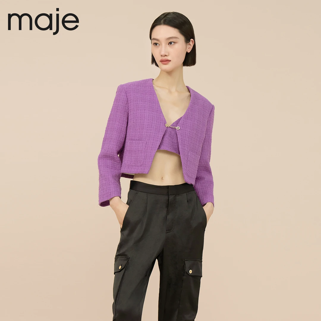 【搭搭专属】Maje春秋女装V领一粒扣时尚短款花呢外套MFPVE00443