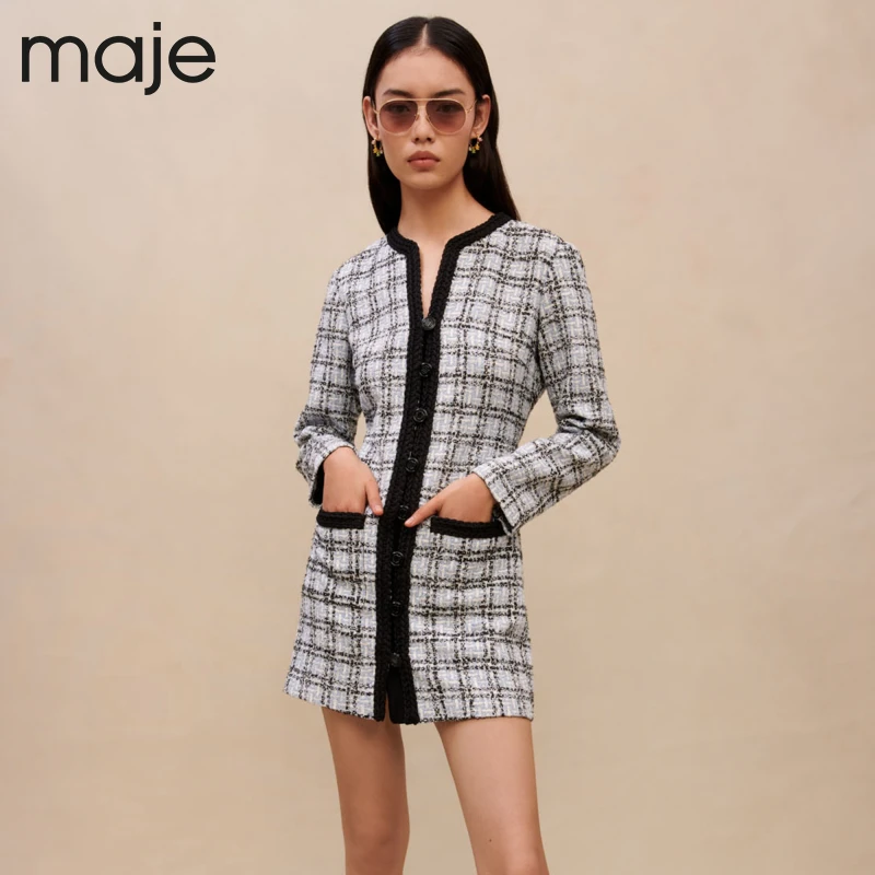 【搭搭专属】Maje春秋女装蓝色格纹花呢收腰长袖连衣裙MFPRO02837