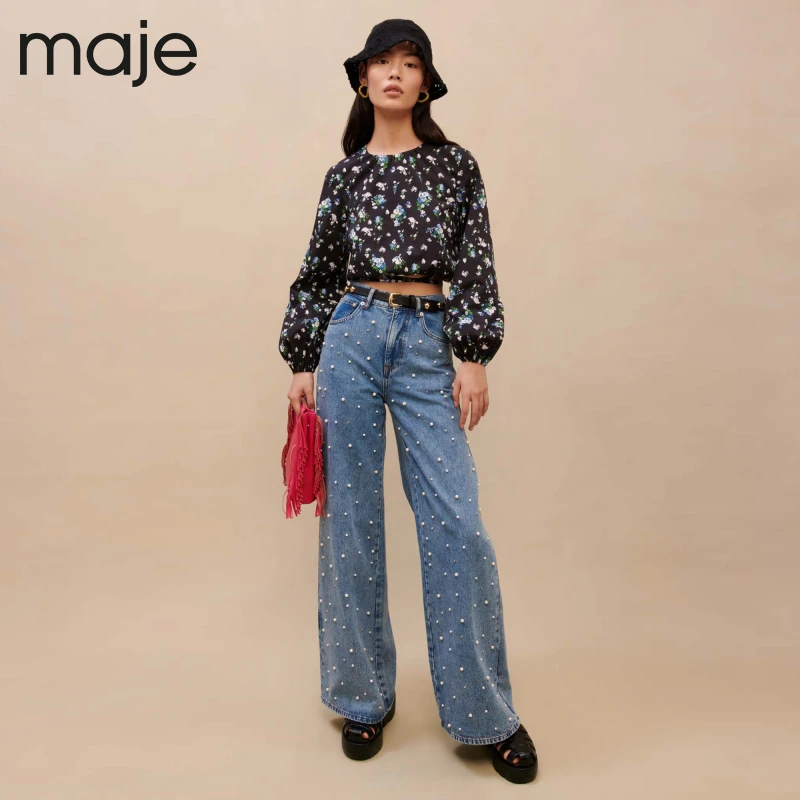 【明星同款】Maje经典款时尚丹宁风蓝色阔腿牛仔裤MFPJE00427