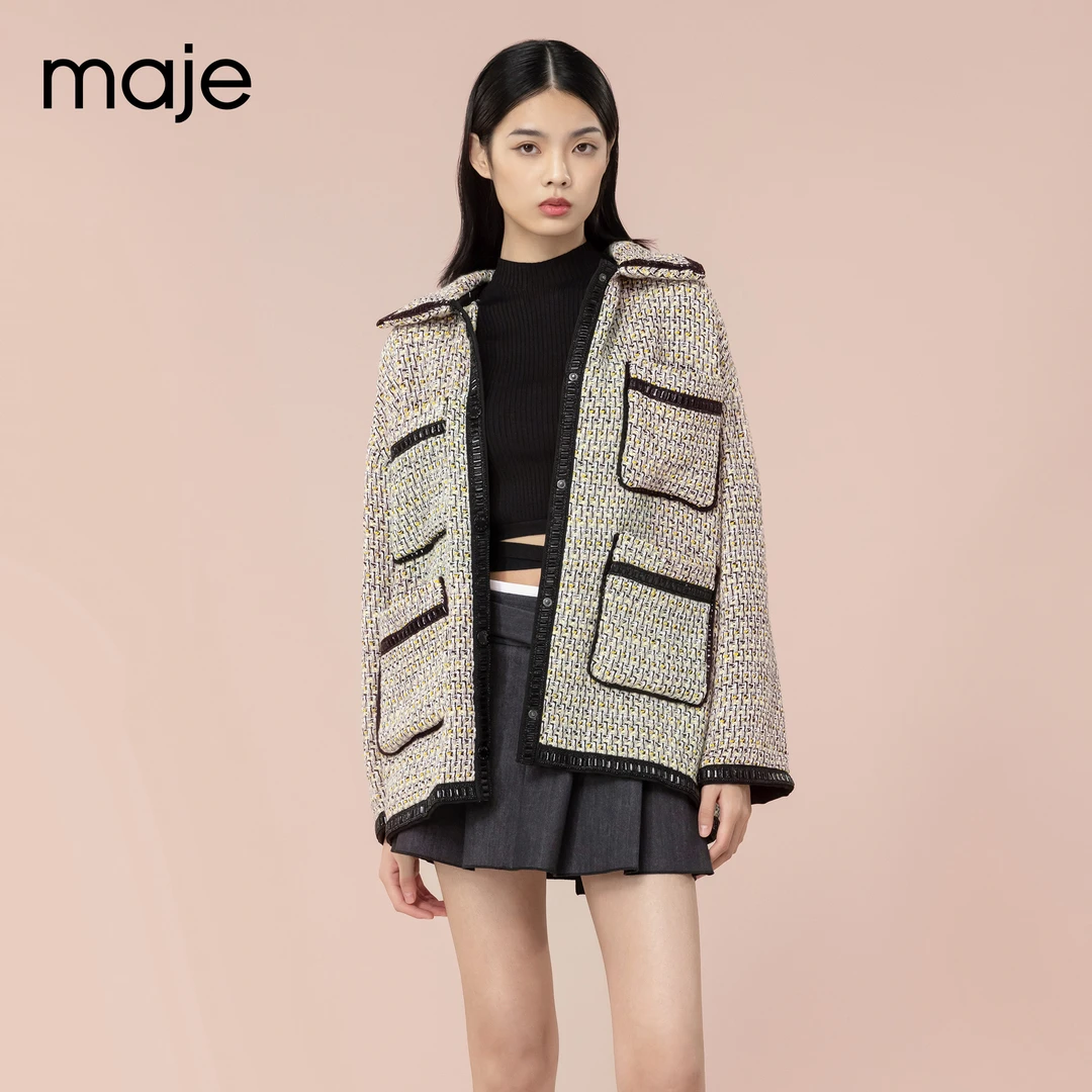 【双链接下架】Maje秋冬女装时尚连帽领大衣花呢外套上衣MFPOU00991