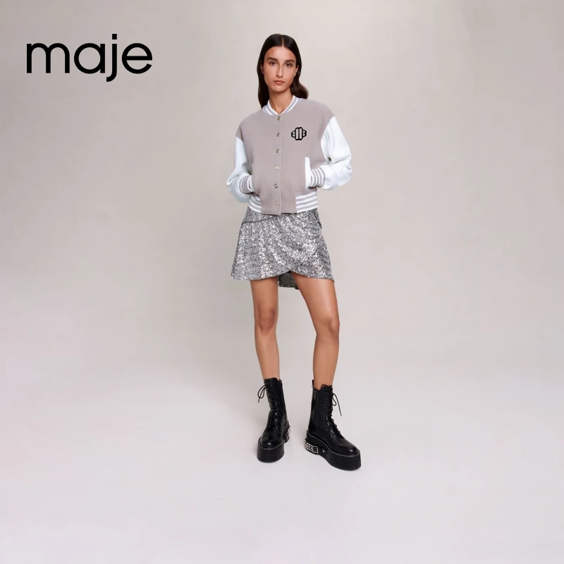 【待】Maje秋冬女装时尚休闲学院风拼接长袖棒球服外套MFPCA00432