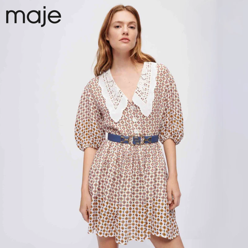 【搭搭专属】Maje女装法式娃娃领收腰印花短款连衣裙短裙MFPRO02528