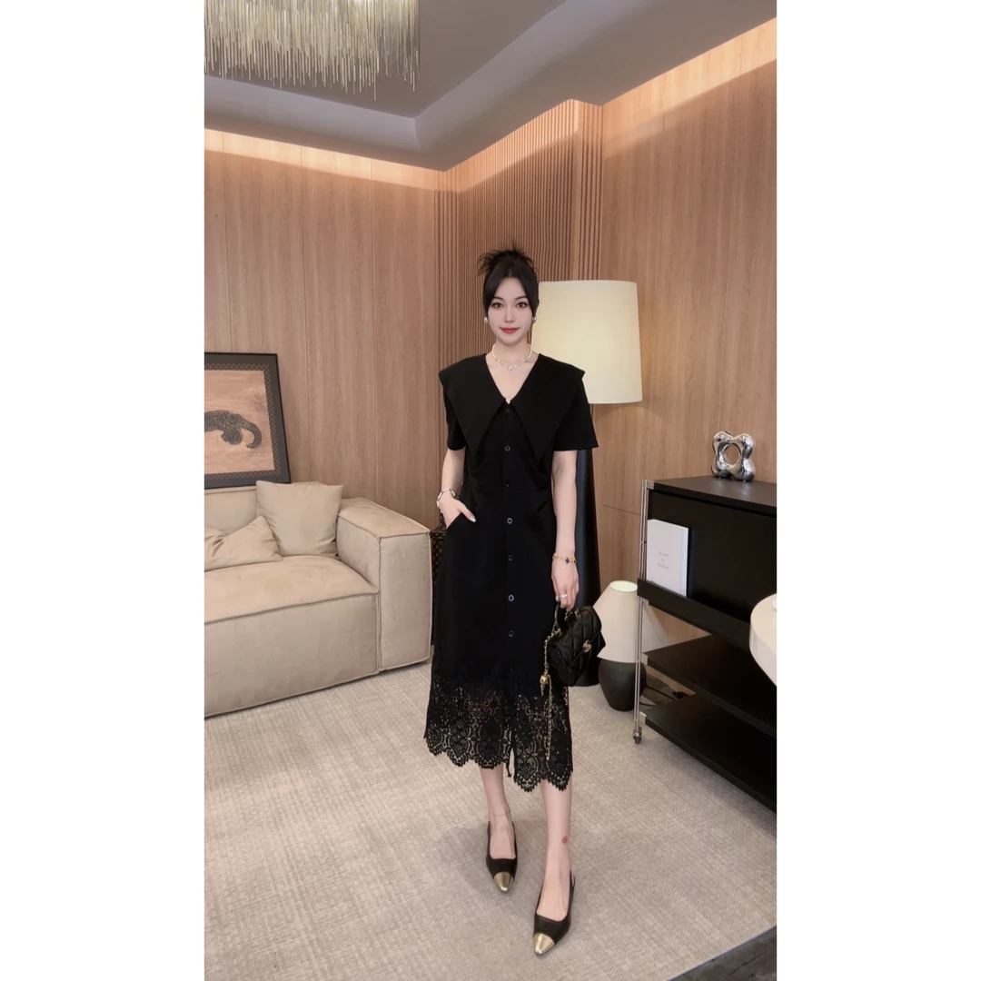 6622高级感翻领蕾丝修身连衣裙女时尚名媛 连衣裙 气质