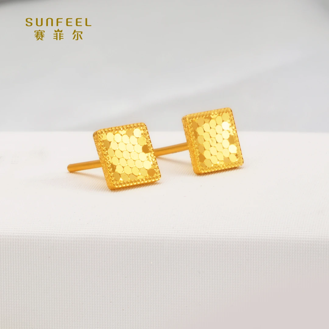 SUNFEEL/赛菲尔【优选店】足金独特闪光金正方形直针耳钉HR010736