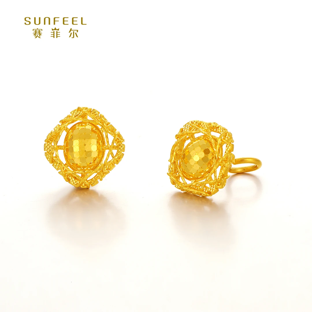 SUNFEEL/赛菲尔【十三店】足金闪光金花丝缠绕方形耳钉HR01010917