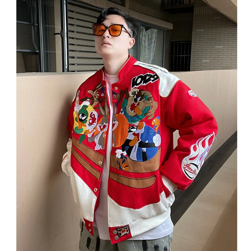 新款刺绣机车夹克男女宽松潮牌夹棉加厚嘻哈棒球棉服情侣装外套