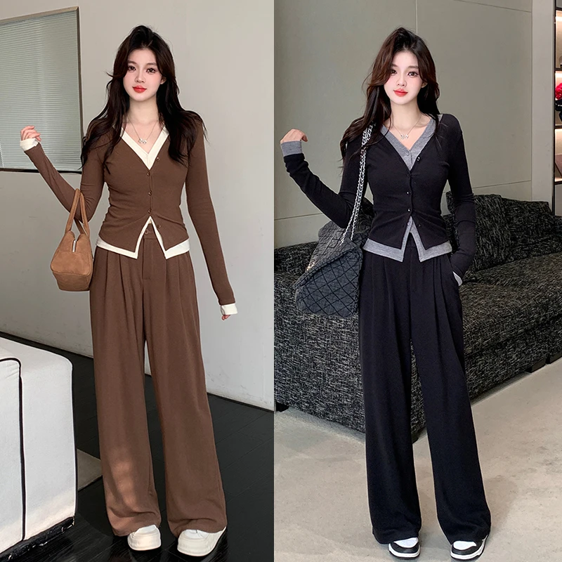 秋款微胖女装时尚设计感假两件开衫上衣高腰松紧阔腿裤套装W0110T