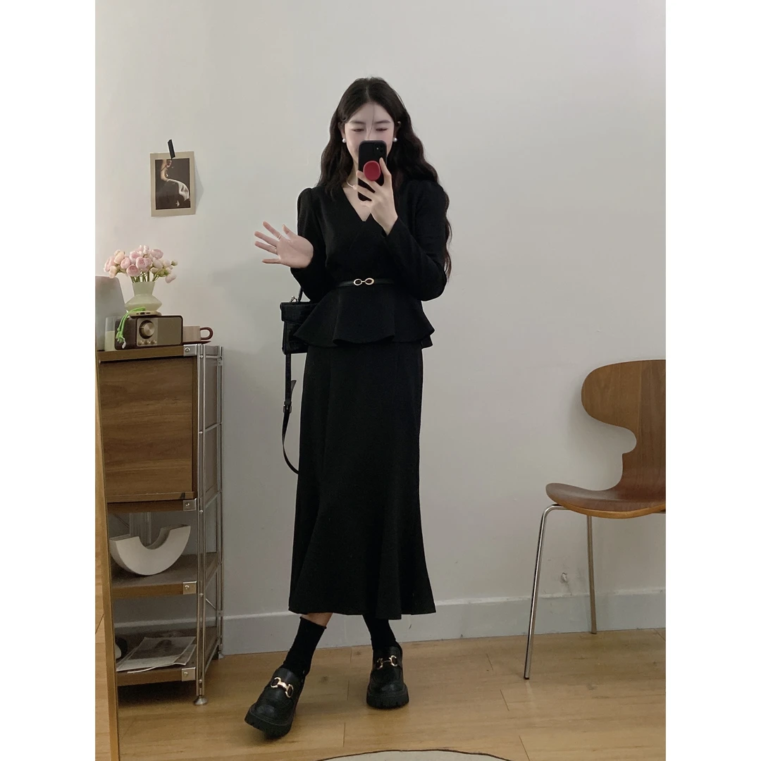 法式气质鱼尾裙高级感显瘦冬季穿搭大码女装套装爆款上衣半身裙