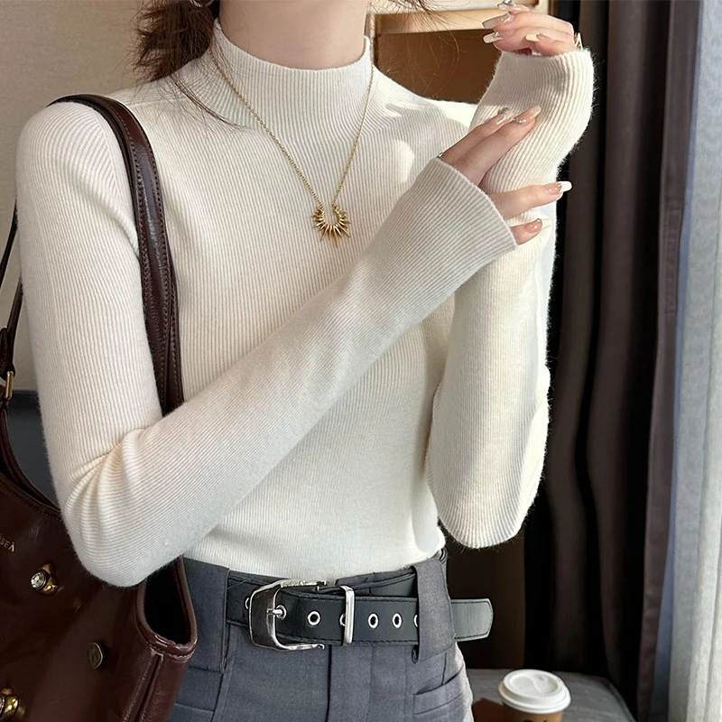 冬季韩系新款半高领软糯针织衫女修身套头毛衣薄款内搭中领打底衫