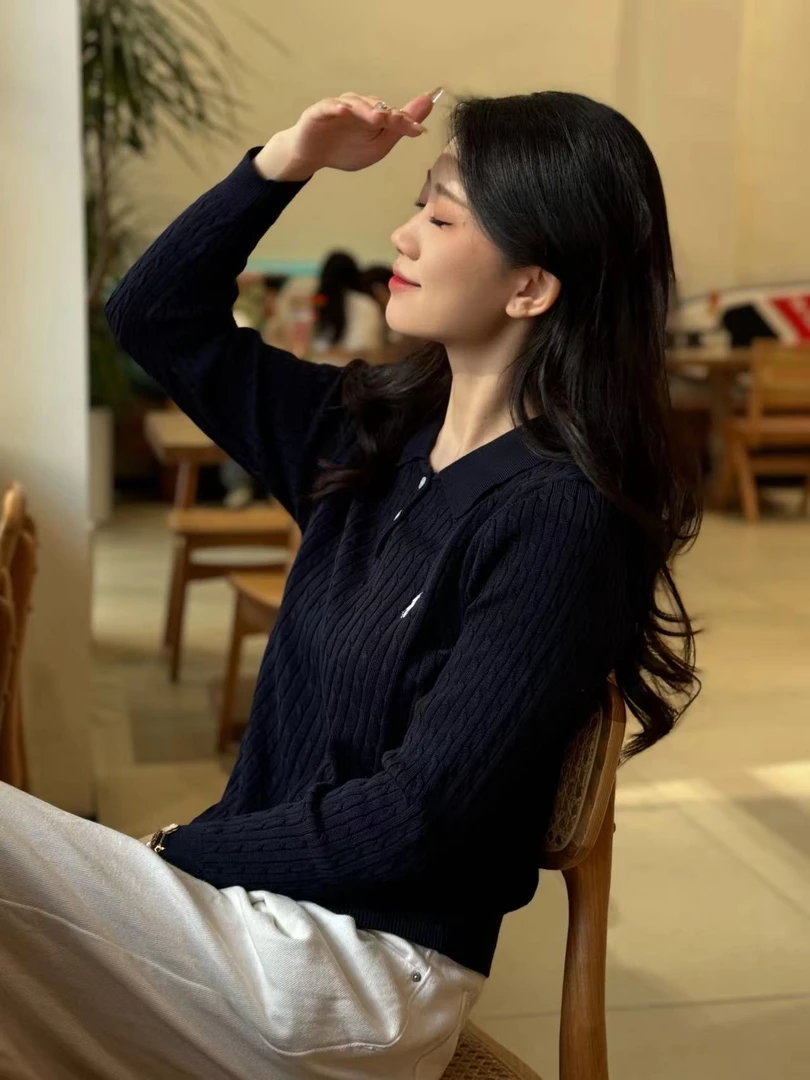 POLO立领莱赛尔天丝针织上衣女款商务风翻领夏季长袖套头衫