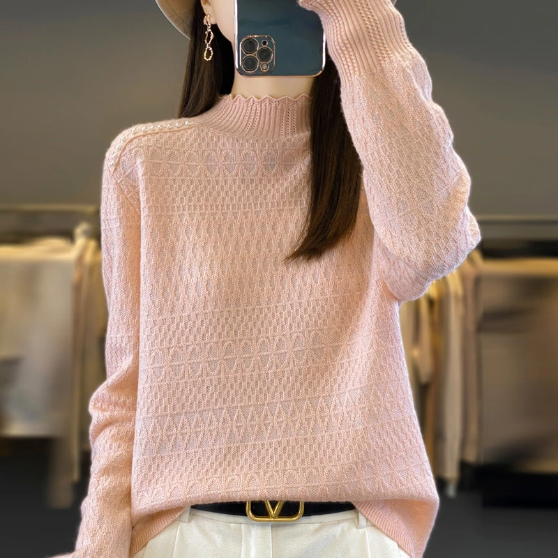 半高领镂空针织打底衫女士春秋新款毛衣气质长袖时尚上衣DMR848