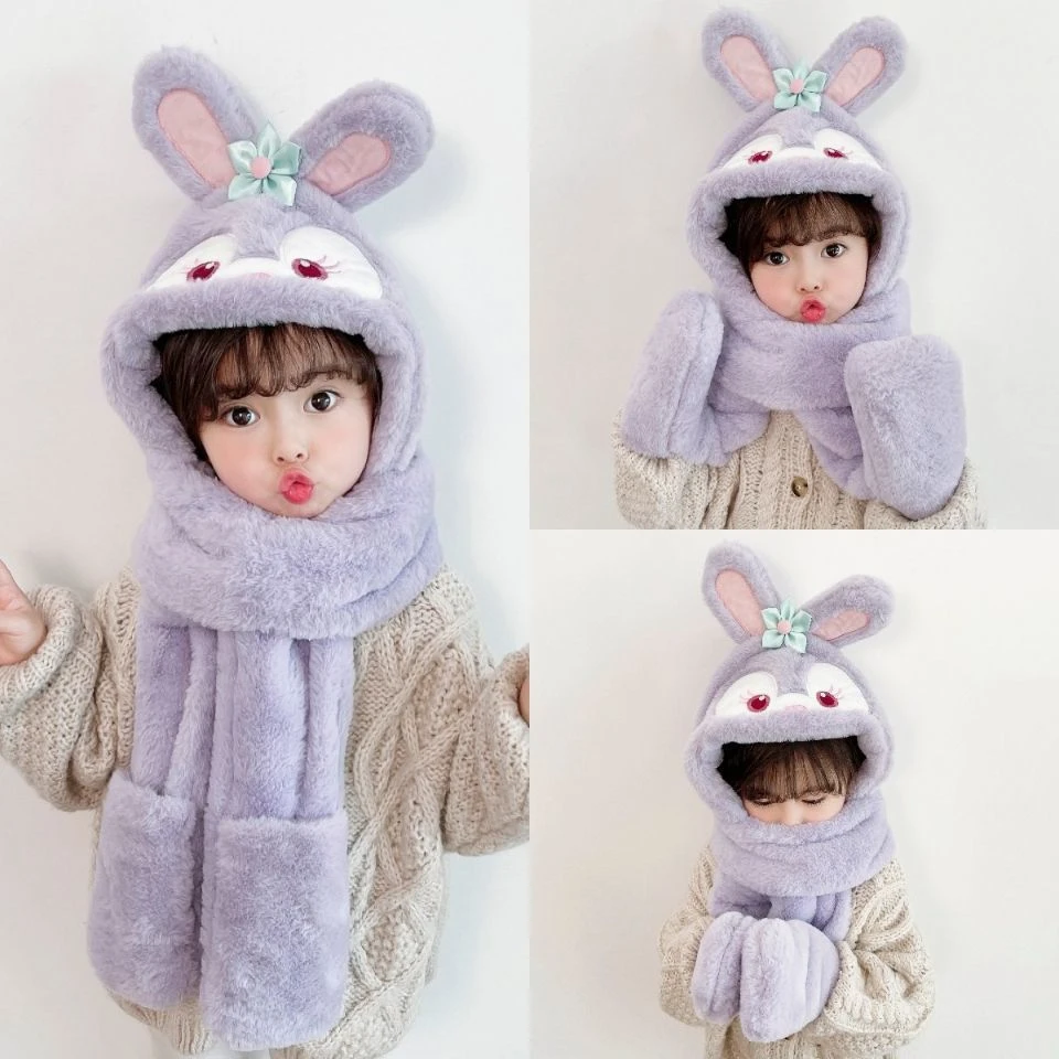 紫色兔兔帽秋冬季儿童帽子围巾一体毛绒男童女童防风保暖宝宝围脖