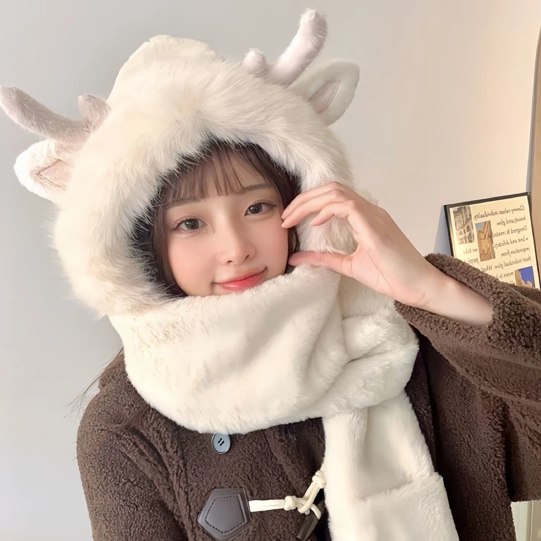 可爱圣诞鹿角毛绒帽围巾手套一体少女冬季保暖加厚防风防寒三件套