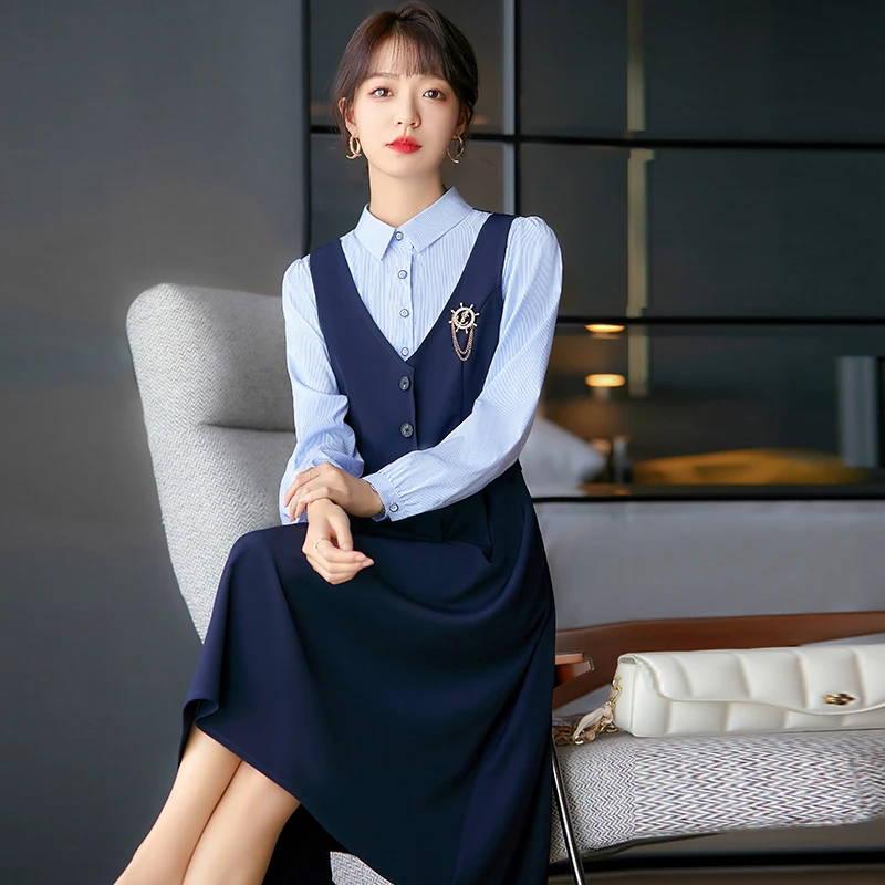 2024网红中长款假两件连衣裙气质学院风幼儿园幼师服减龄小个子