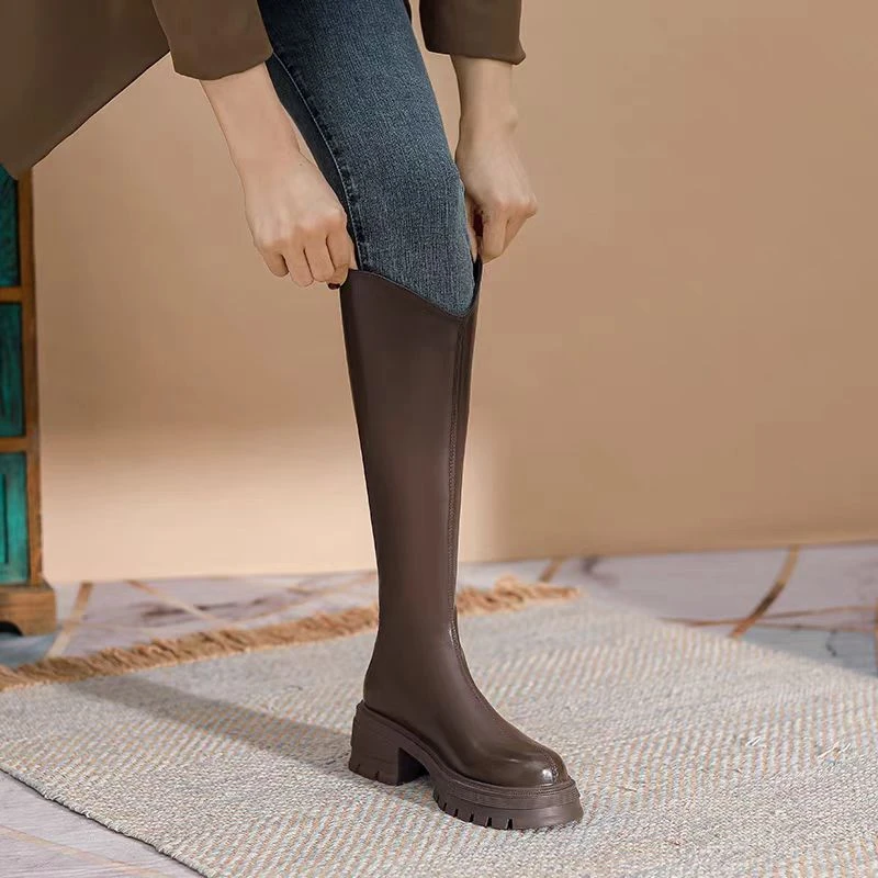 显瘦v口长筒靴加绒高筒骑士靴秋冬季新款粗跟大弹力皮靴