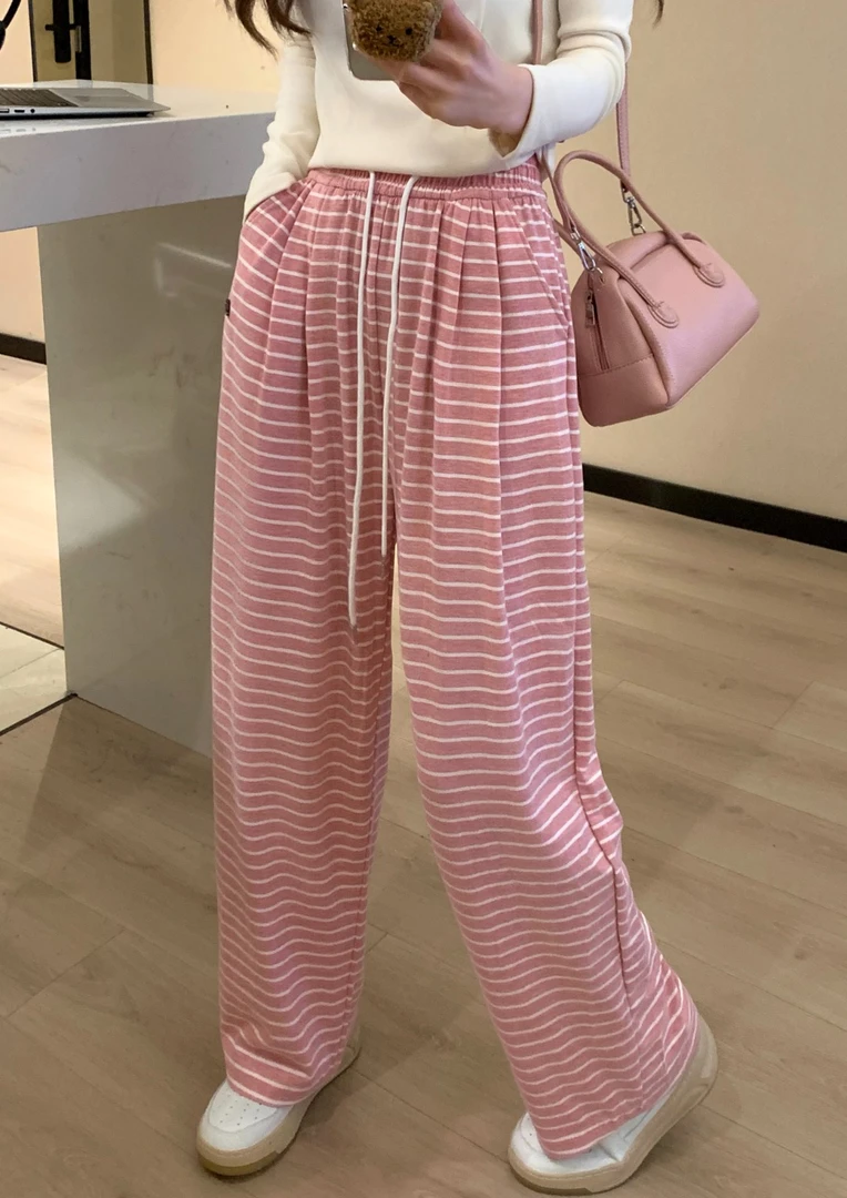 程程甄选【e家小标仿羊绒】软糯高腰条纹垂感拖地阔腿裤002