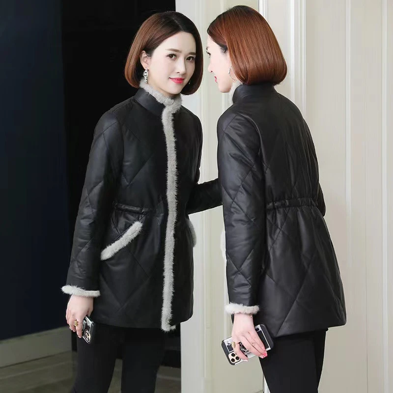 2023新款冬季加厚棉袄女士皮衣外套保暖中长款皮夹克妈妈装休闲