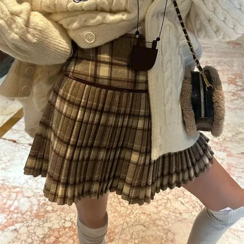 小蛮腰 超百搭高腰显瘦格子毛呢百褶短裙秋冬学院风半身裙短裙ins