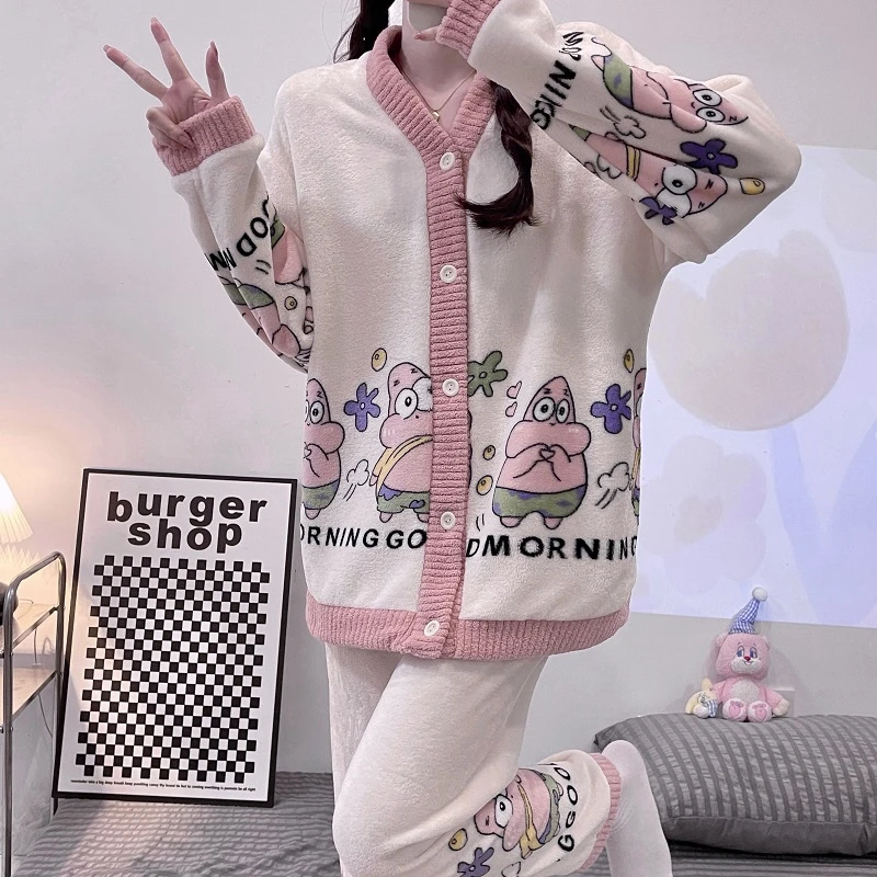 派大星80-200斤款胖mm女秋冬季法兰绒加大码保暖睡衣家居服套装