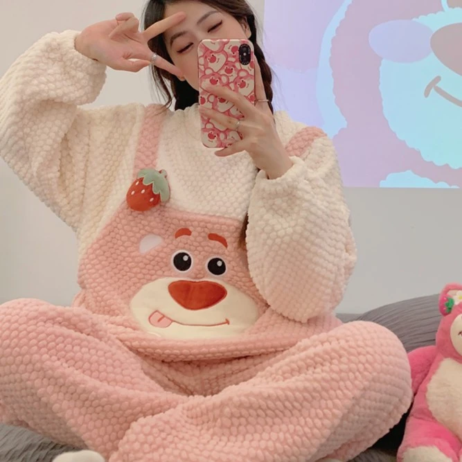 质量好的睡衣女秋冬季80-200斤大码高颜值加厚保暖甜美家居服套装