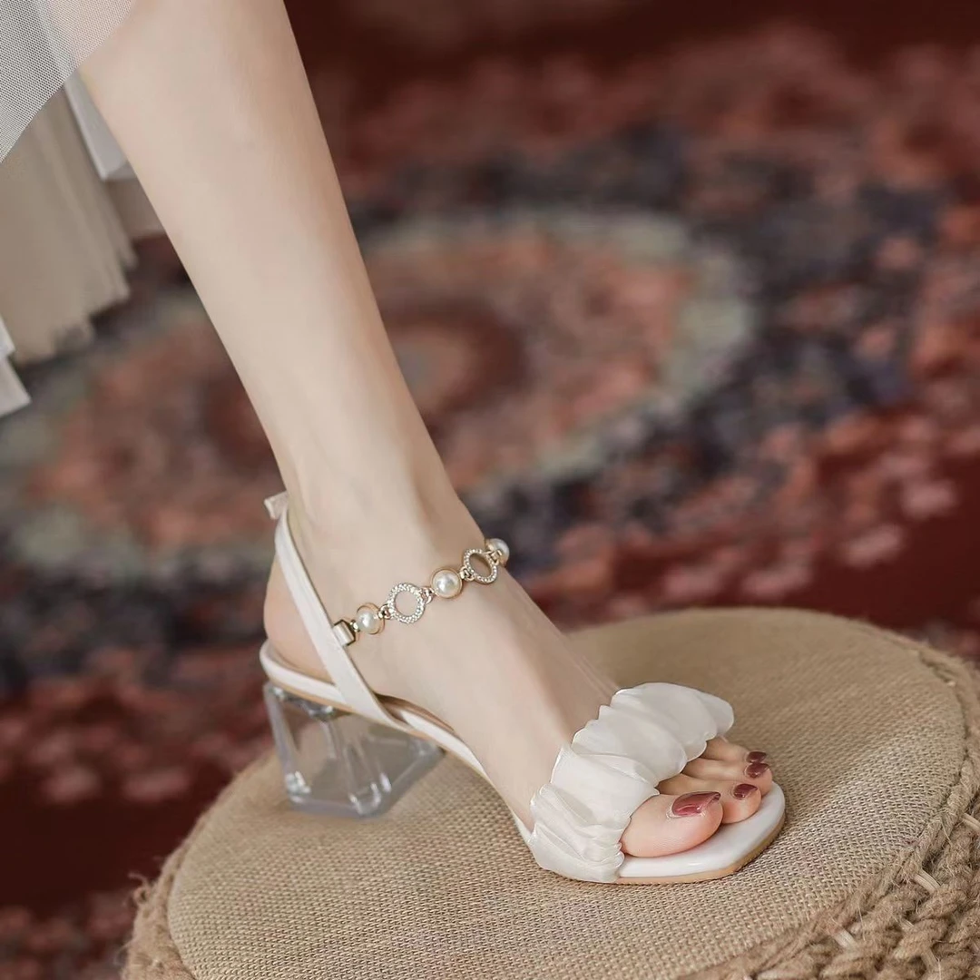 【S2025】仙女风透明高跟鞋女粗跟一字带中跟凉鞋女夏新款水晶鞋女z