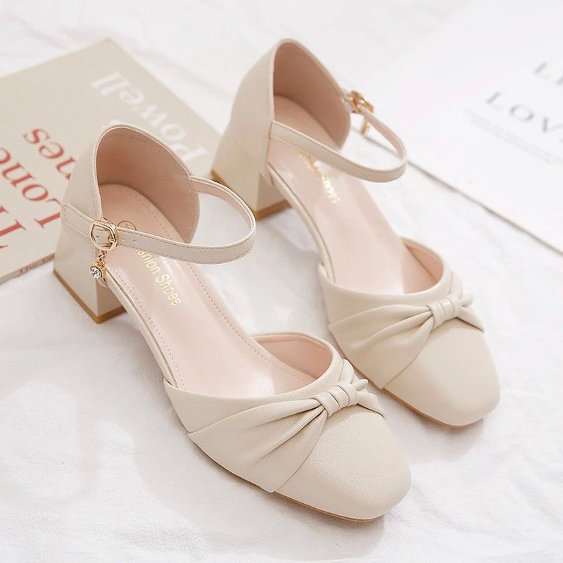 【S2025】包头一字扣凉鞋粗跟高跟鞋仙女风中跟配裙子单鞋2025新z