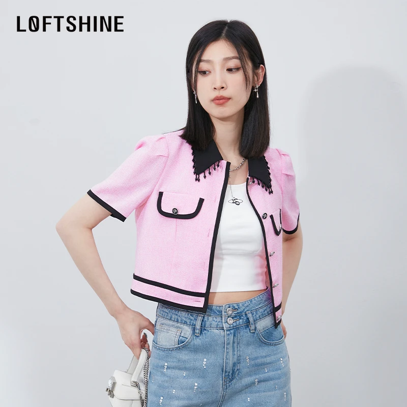 LOFTSHINE珞炫小香风拼接撞色时尚上衣23夏季新款法式气质短外套