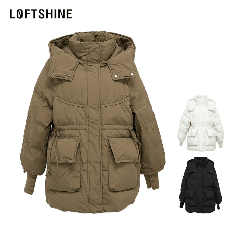 LOFTSHINE珞炫2024年新款韩版羽绒服女连帽针织袖口腰抽绳外套