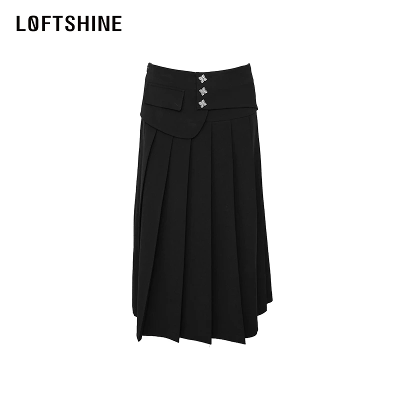 LOFTSHINE珞炫24早秋新款百搭高腰设计半身裙休闲小个子黑色A字裙