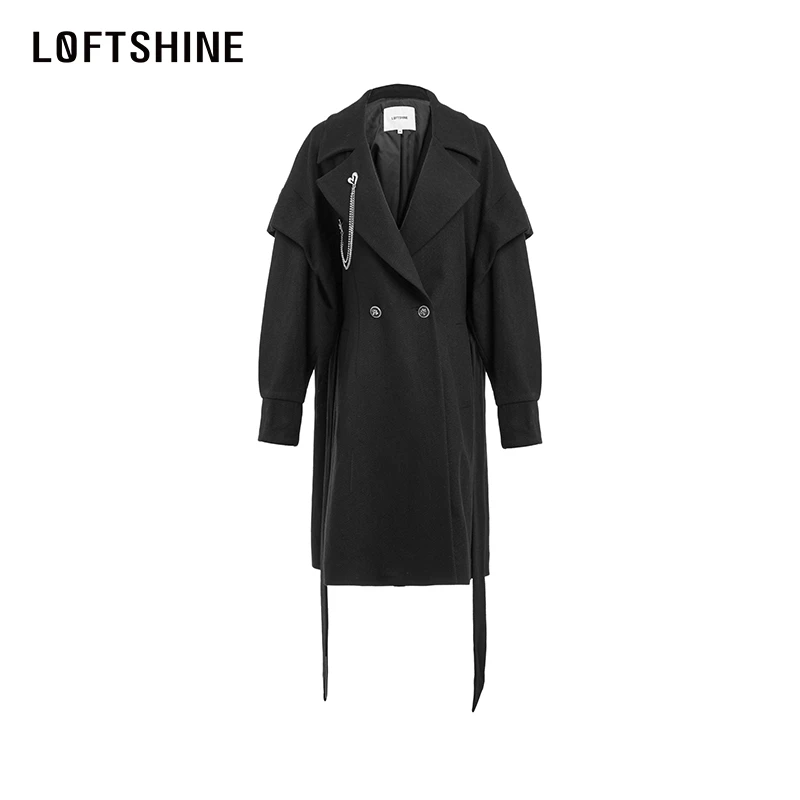 LOFTSHINE珞炫百搭黑色毛呢外套女2023秋季新品气质中长款大衣