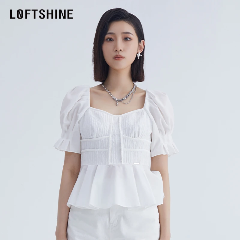 LOFTSHINE珞炫正肩泡泡袖方领荷叶边上衣23夏新款小众设计感短袖