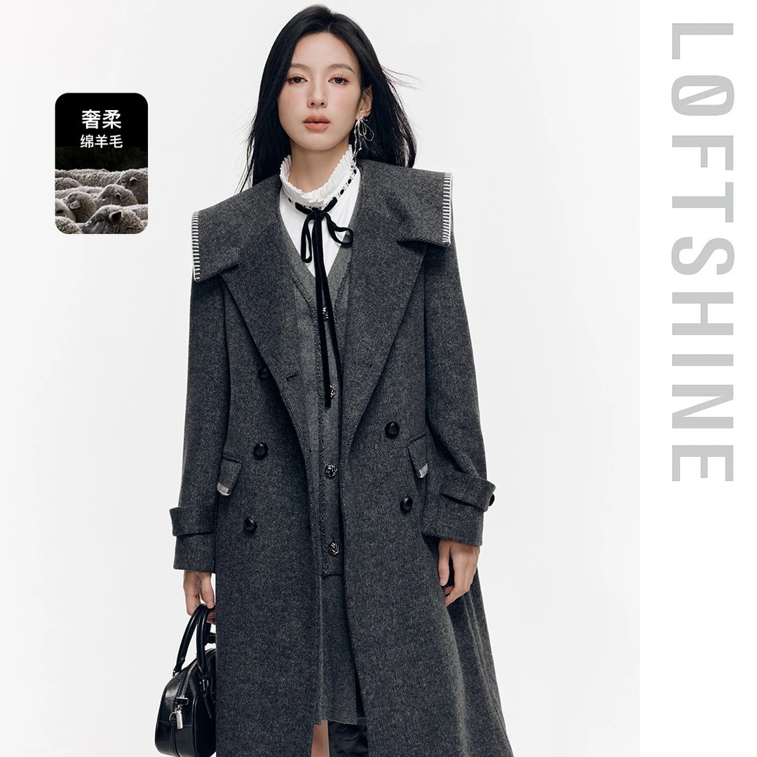 LOFTSHINE珞炫2024冬季新款中长款保暖时尚翻领毛呢大衣