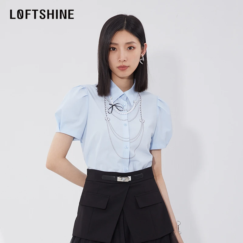 LOFTSHINE珞炫设计感小众时髦气质高级蓝色衬衣23夏新款链条衬衫