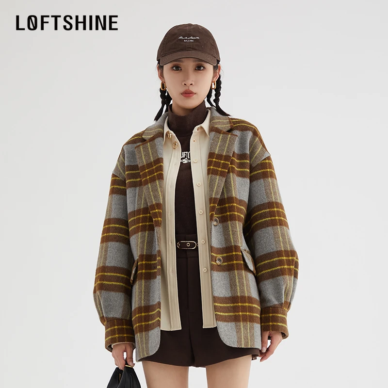 LOFTSHINE珞炫经典时尚格子西装外套女冬季高级复古时髦休闲西服