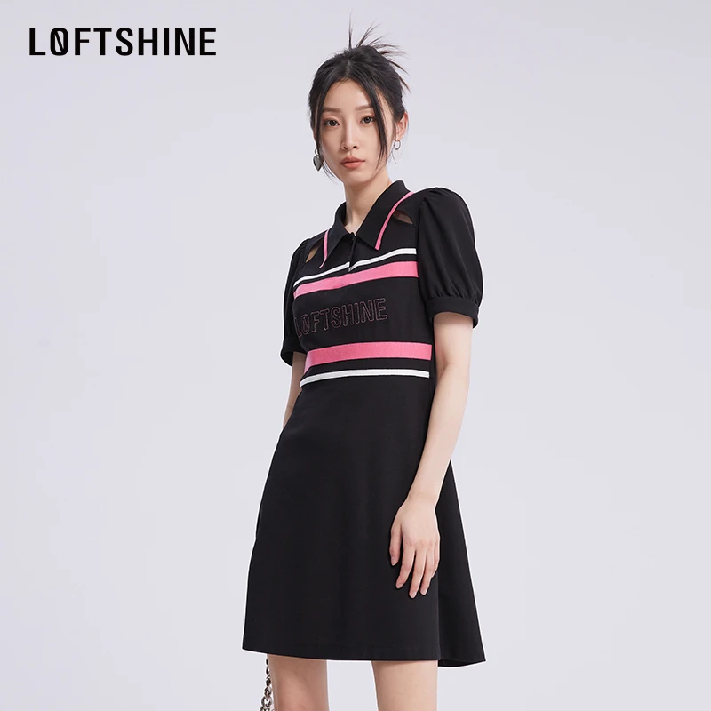 LOFTSHINE珞炫休闲舒适条纹经典通勤连衣裙23夏时尚拼接撞色短裙