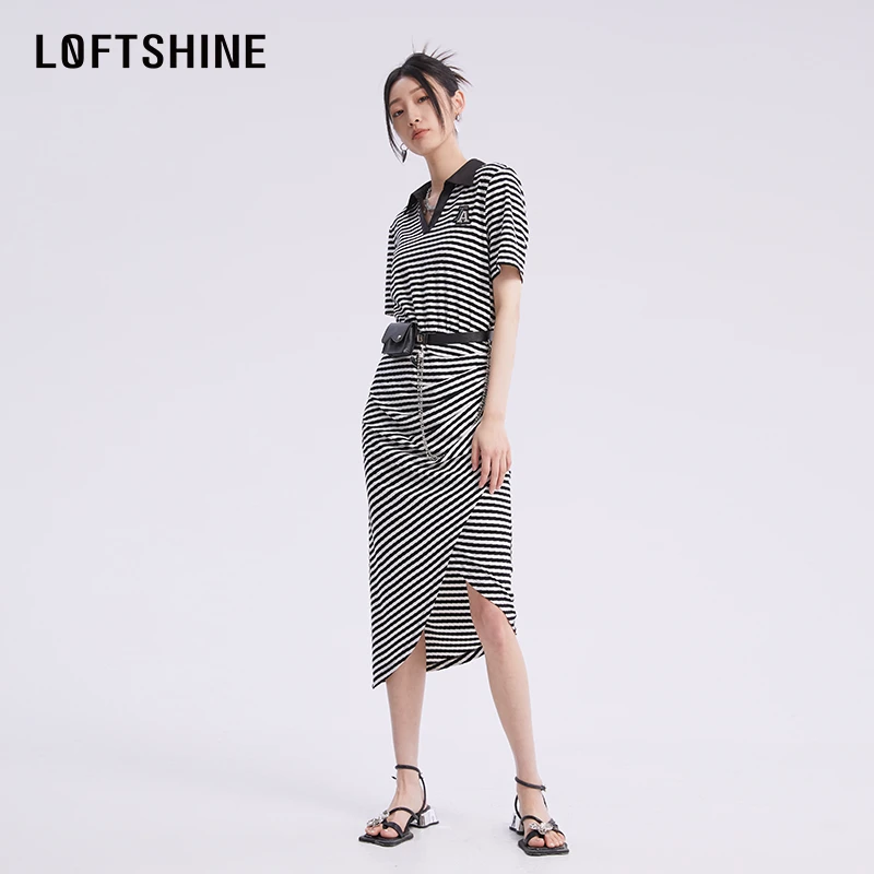 LOFTSHINE珞炫经典条纹包臀裙2023秋季新品高级气质慵懒感长裙