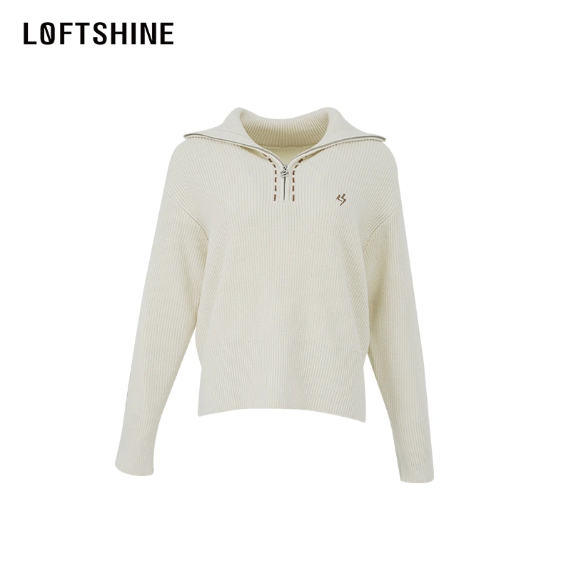 LOFTSHINE珞炫套头长袖米白色针织衫2023秋季新款时尚百搭打底衫
