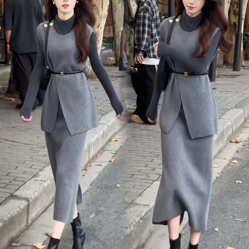 2024秋冬新款气质纽扣开叉腰带时尚法式高级感软糯马甲三件套