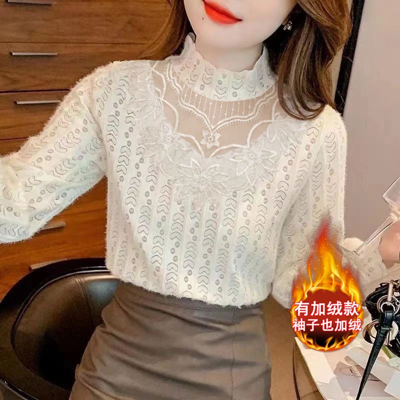 加绒加厚蕾丝打底衫女2025秋冬新款长袖保暖上衣洋气半高领上衣