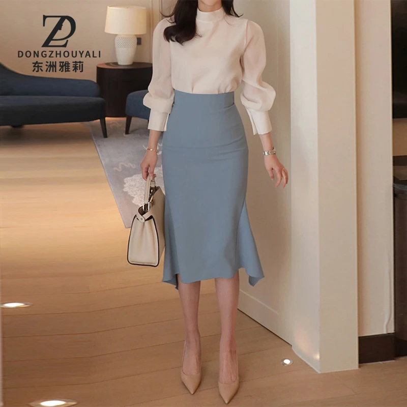 6517气质名媛秋季淑女套装2025新款立领白色衬衫不规则下摆鱼尾裙