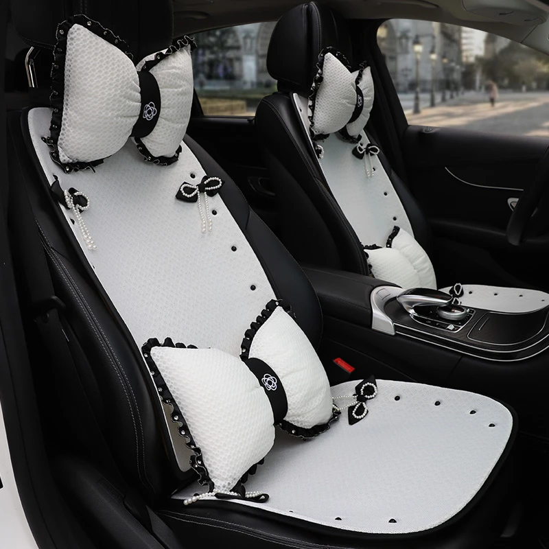 新品珍珠蝴蝶结汽车坐垫夏季凉垫四季通用透气冰丝时尚柳丁车座垫